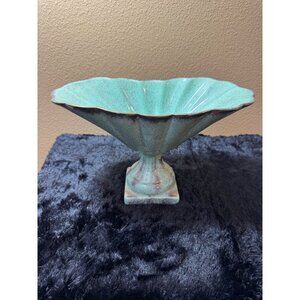 Vintage Ceramic Pedestal Compote Bowl Green Gold Speckled